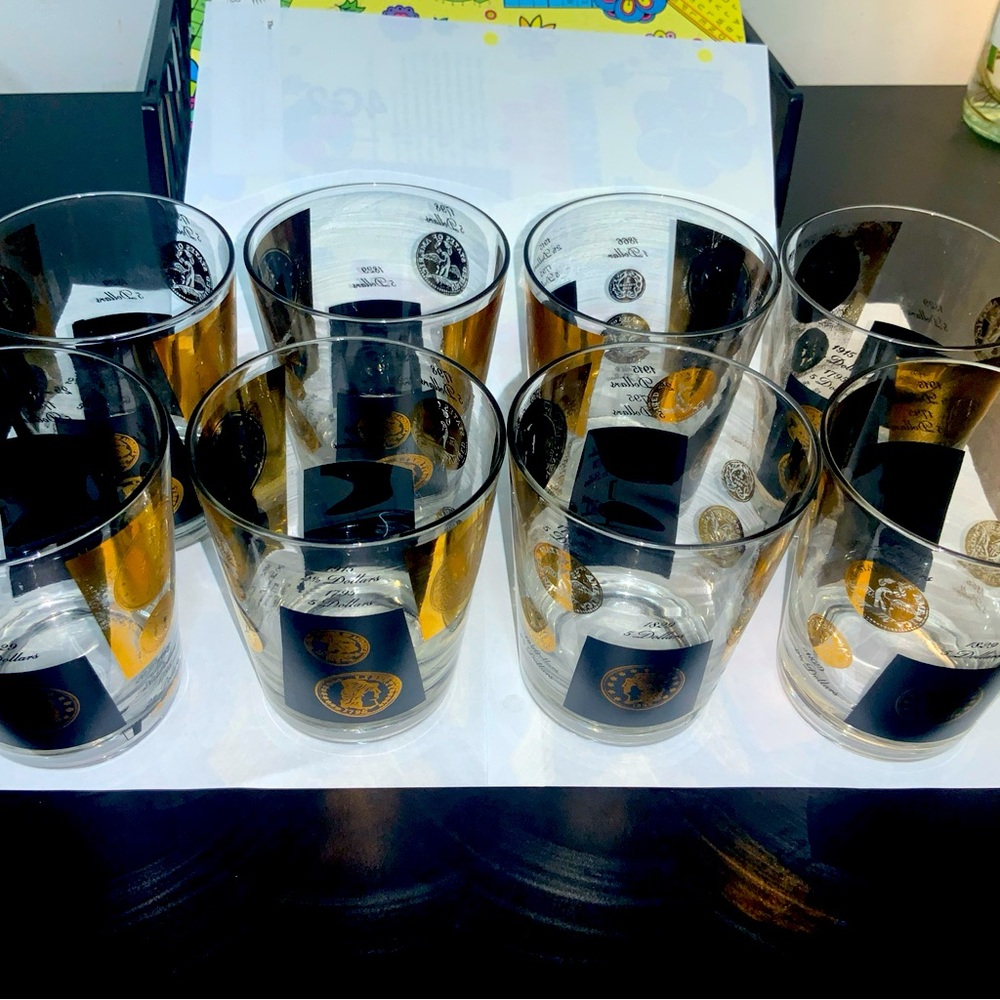 MCM Libby Black/Gold Coin Barware Whiskey Glasses (8)